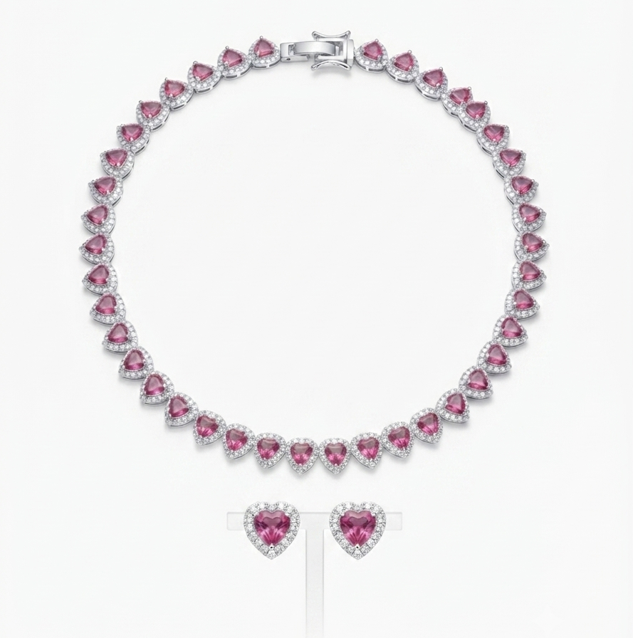 Conjunto colar pulseira e brinco cravejado rosa folheado a prata