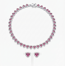 Conjunto colar pulseira e brinco cravejado rosa folheado a prata