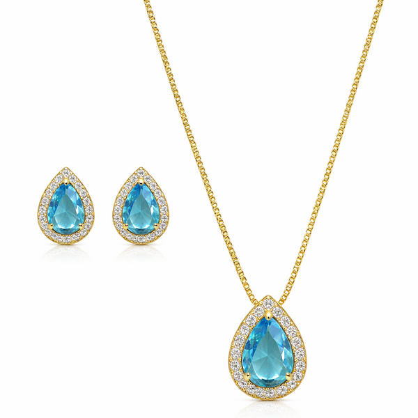 Conjunto Gota Topázio Azul e Zircônias dourado semijoia