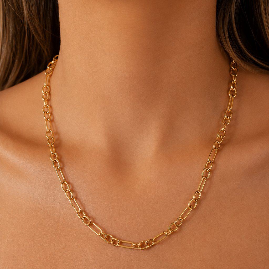 colar elos circulares medios e grandes dourado folheado a ouro 18k