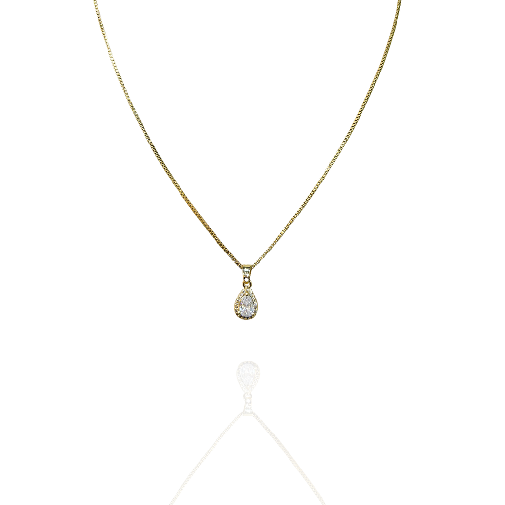 Colar Pingente Gota Cravejado Dourado Aço Inox