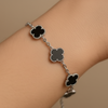 Pulseira Trevos preto Prata Aço Inox Antialérgica