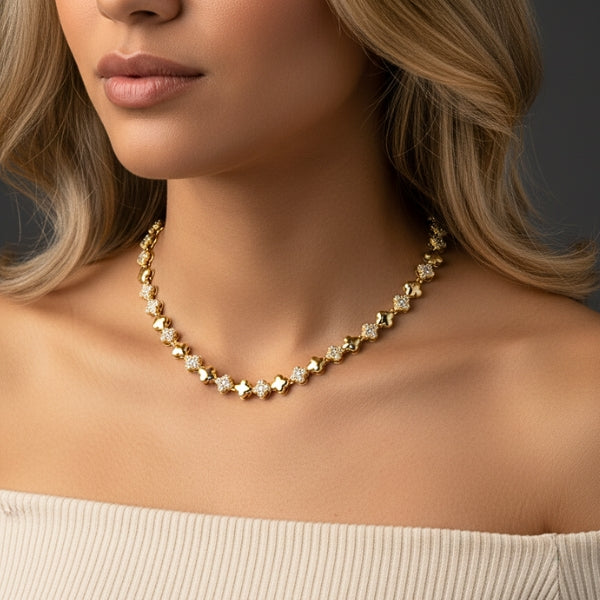 Colar Riviera Trevo Dourado Cravejado