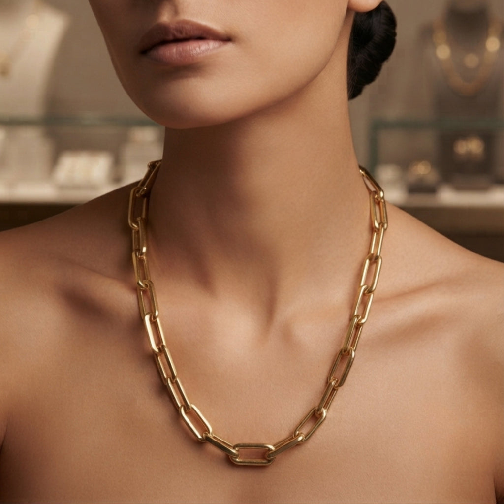 Corrente elos Retangulares grandes dourado Folheado a Ouro 18k