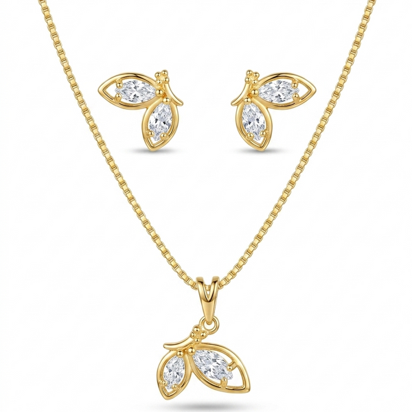 Conjunto colar e brinco borboleta cristal dourado semijoia