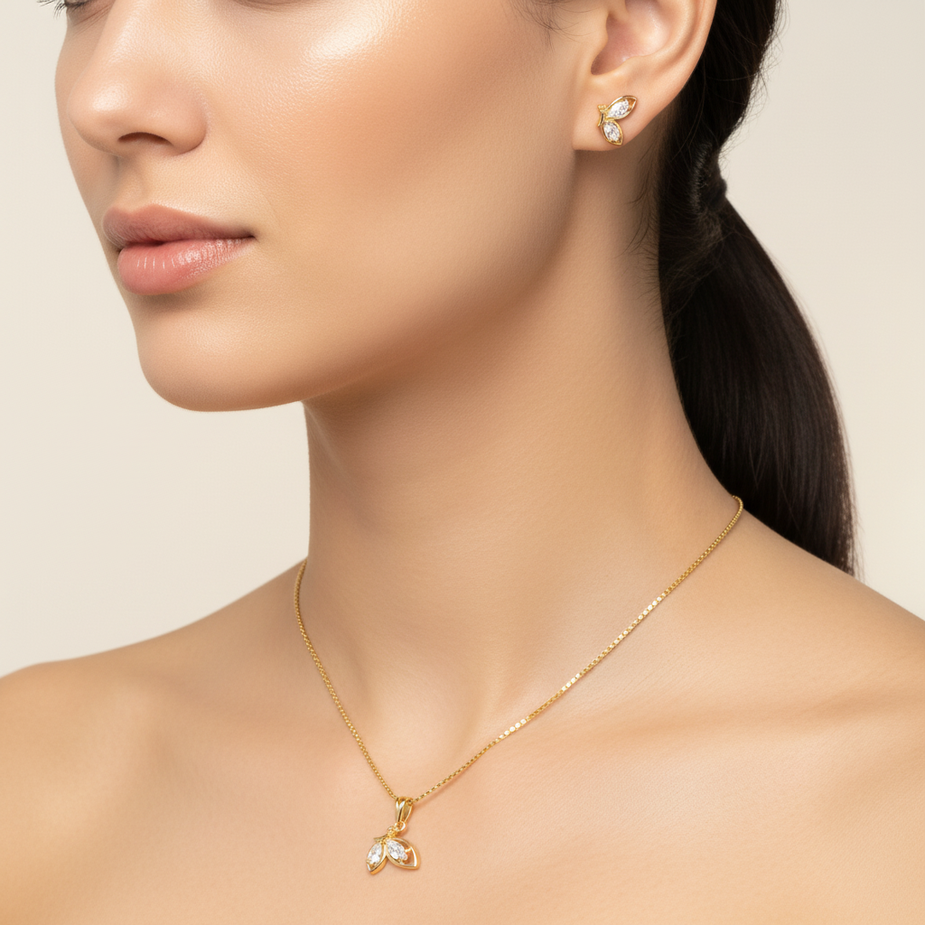 Conjunto colar e brinco borboleta cristal dourado semijoia