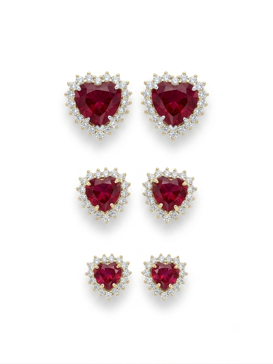 Brinco coração com bordas cravejadas e cristal vermelho folheado a ouro