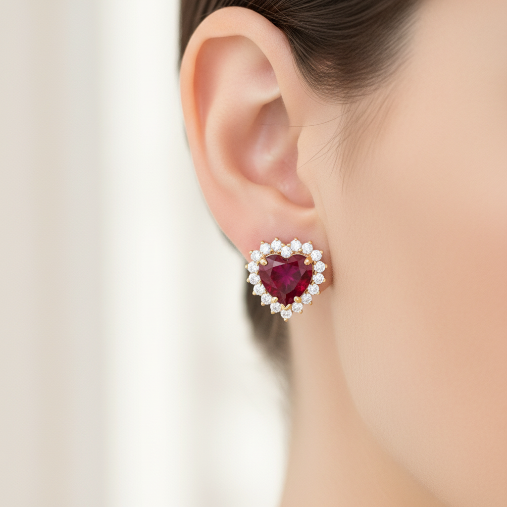 Brinco coração com bordas cravejadas e cristal vermelho folheado a ouro