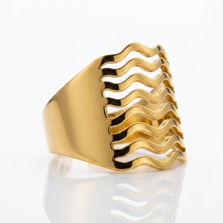Anel orgânico ondulado dourado aço inoxidável