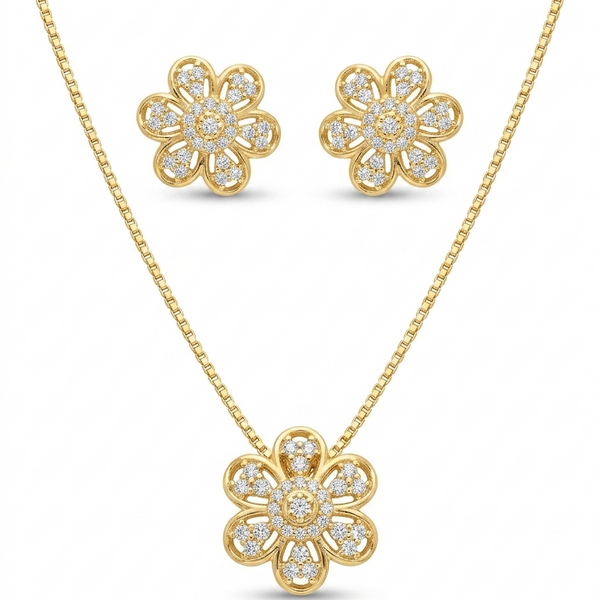 Conjunto colar e brinco flor cravejada com ponto de luz dourado