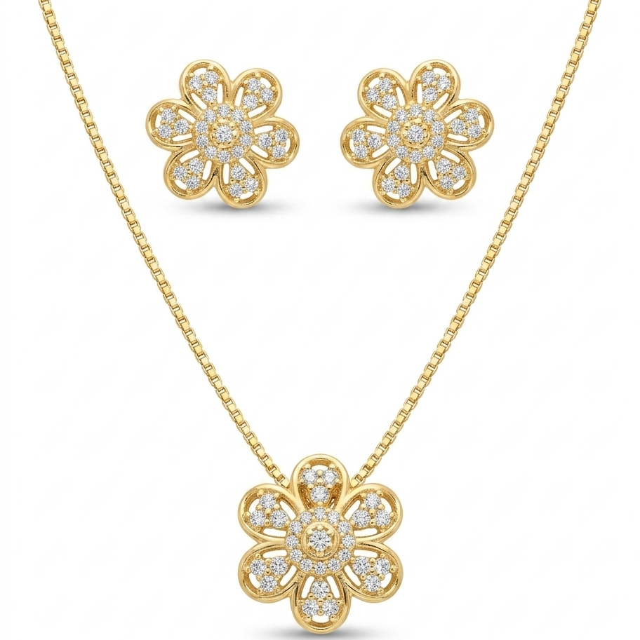 Conjunto colar e brinco flor cravejada com ponto de luz dourado