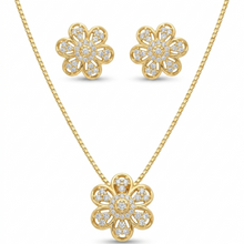 Conjunto colar e brinco flor cravejada com ponto de luz dourado