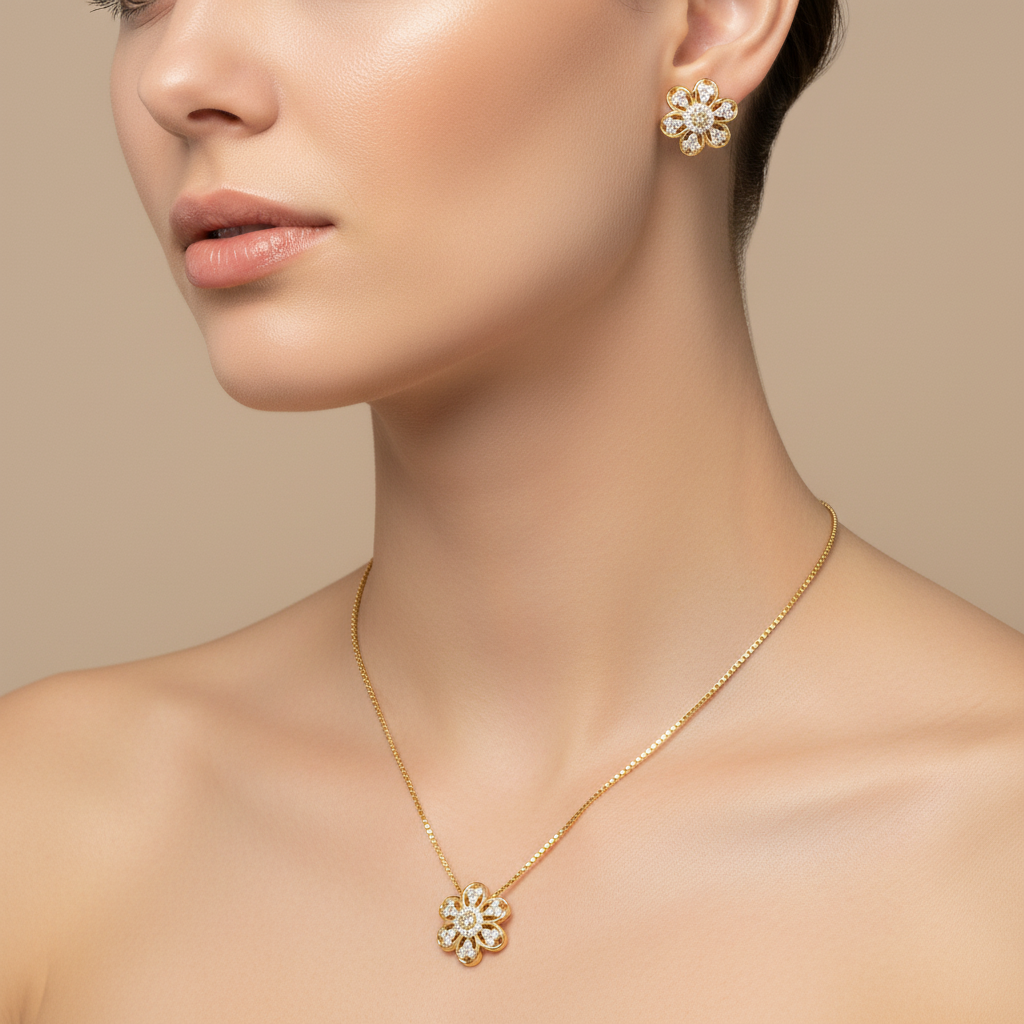 Conjunto colar e brinco flor cravejada com ponto de luz dourado