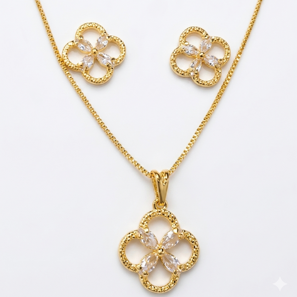 Conjunto colar e brinco flor cristal cravejada dourada semijoia