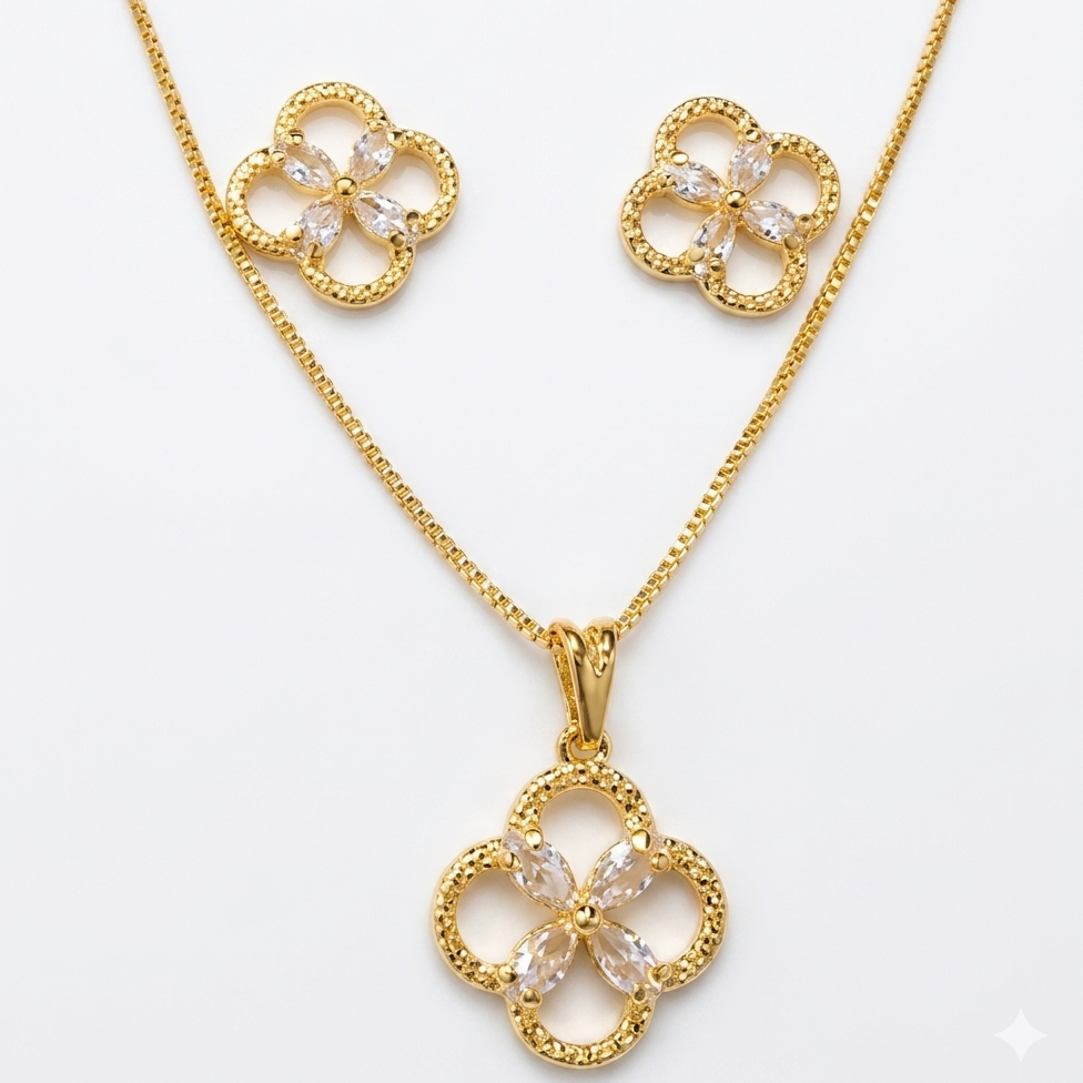 Conjunto colar e brinco flor cristal cravejada dourada semijoia