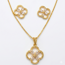 Conjunto colar e brinco flor cristal cravejada dourada semijoia