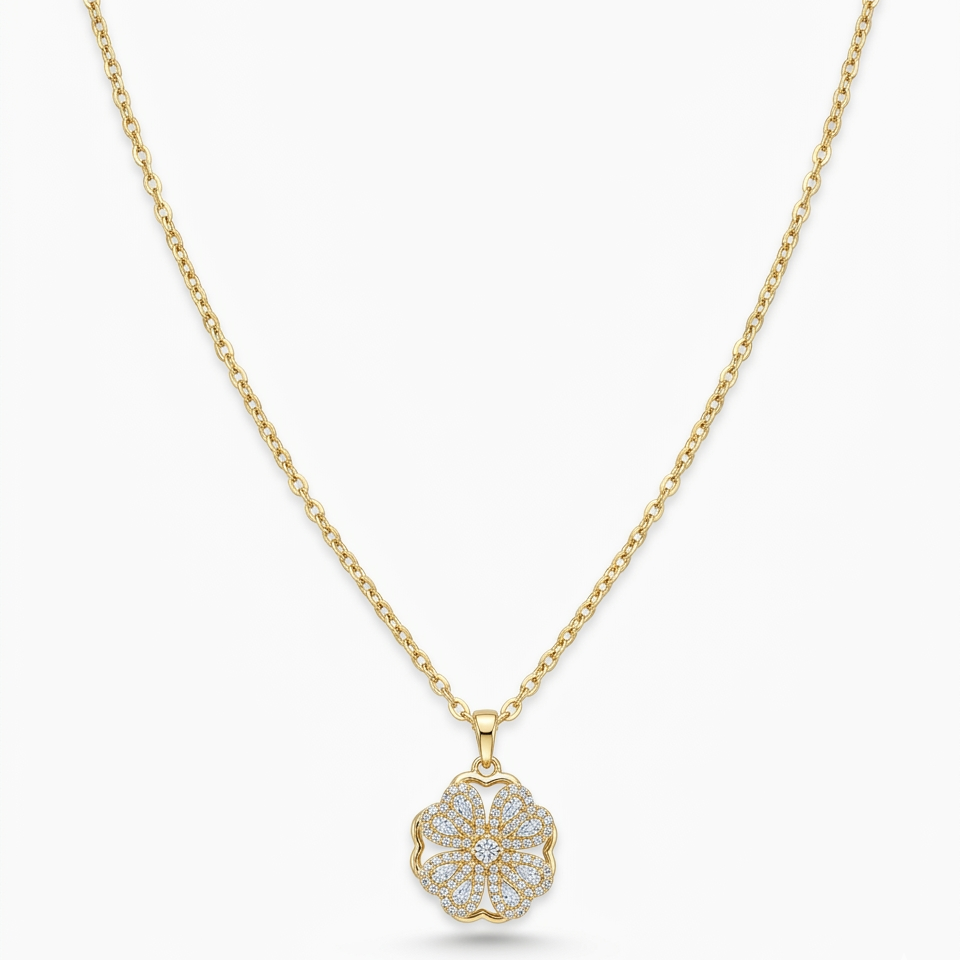 Colar flor cristal anti estresse dourado aço inoxidável