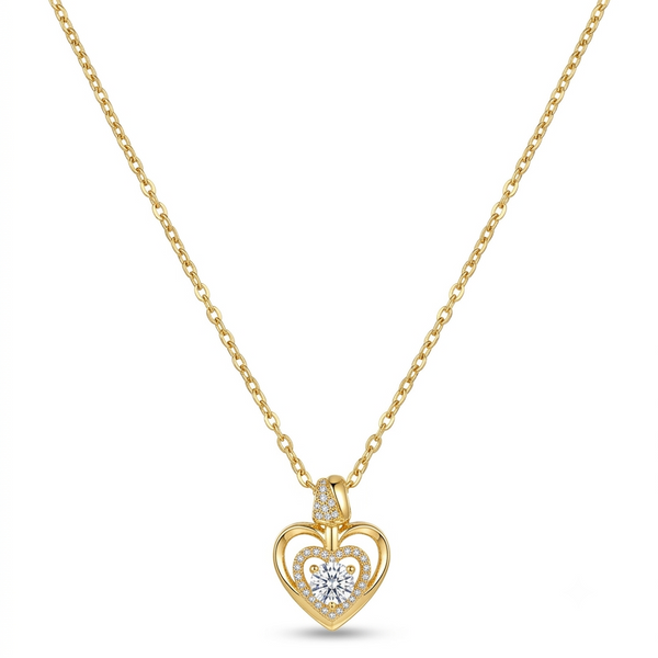 Colar coração cravejado com ponto de luz cristal dourado aço inoxidável