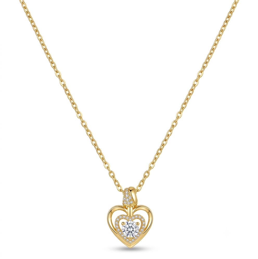 Colar coração cravejado com ponto de luz cristal dourado aço inoxidável