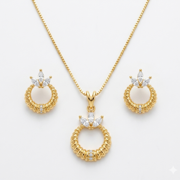 Conjunto colar e brinco arco com coroa cristal dourado semijoia