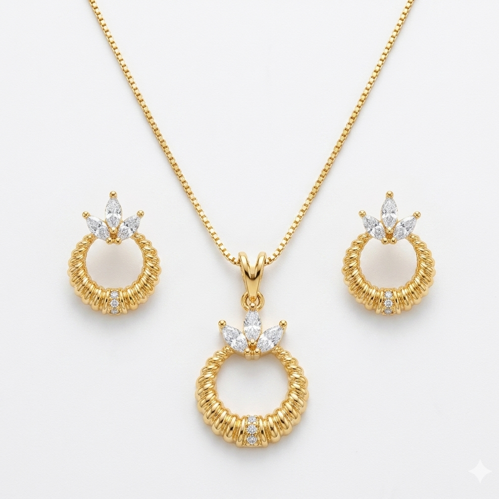Conjunto colar e brinco arco com coroa cristal dourado semijoia