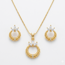 Conjunto colar e brinco arco com coroa cristal dourado semijoia