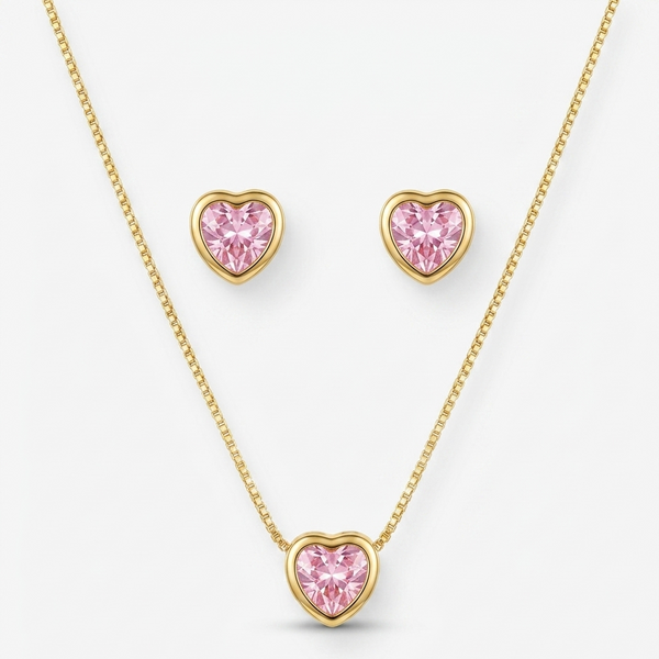 Conjunto colar e brinco coração rosa dourado semijoia