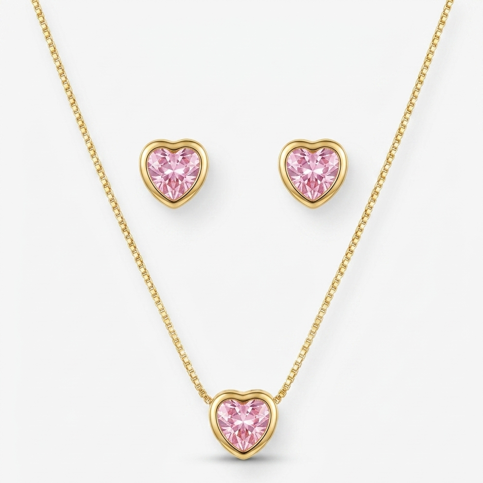 Conjunto colar e brinco coração rosa dourado semijoia
