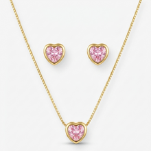 Conjunto colar e brinco coração rosa dourado semijoia