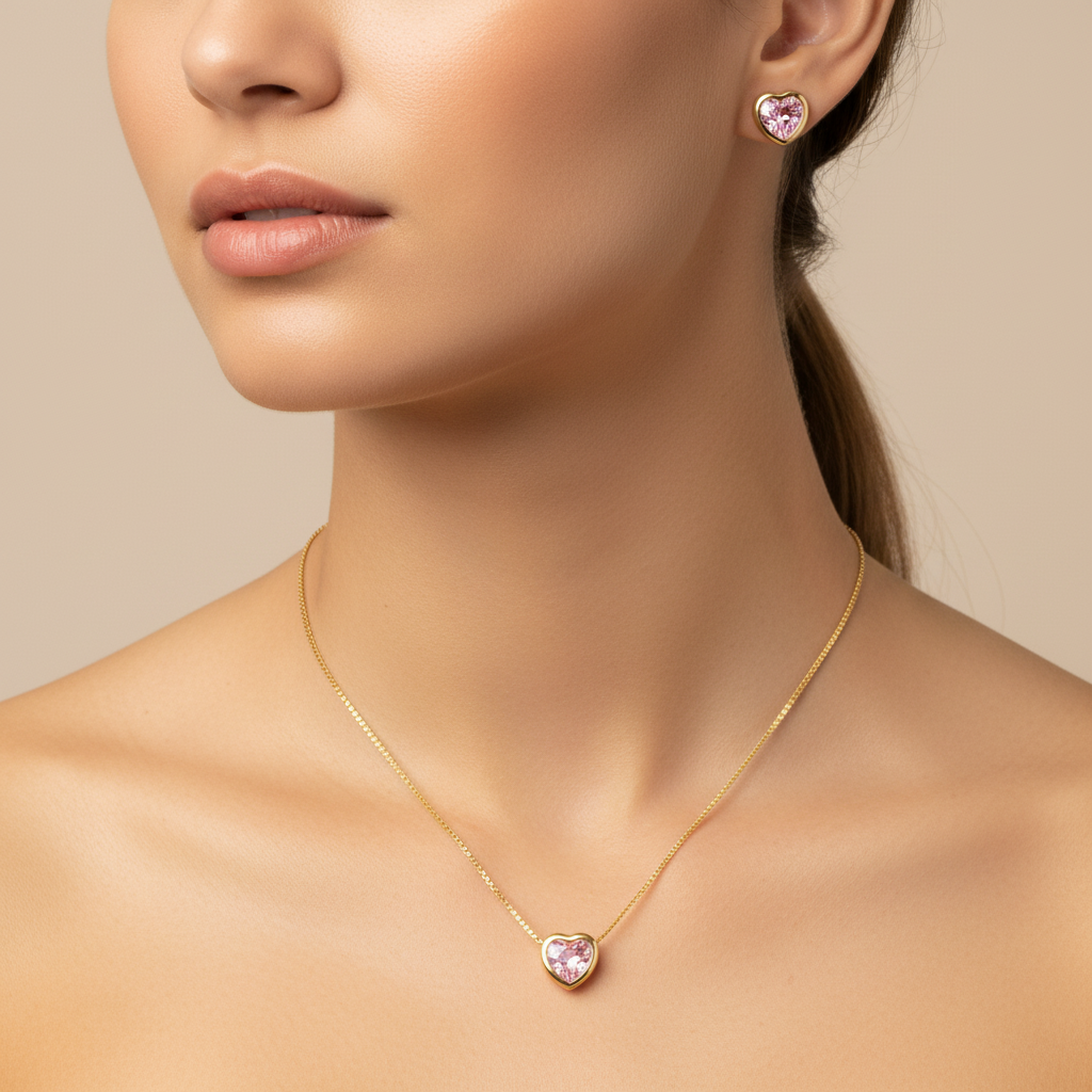 Conjunto colar e brinco coração rosa dourado semijoia