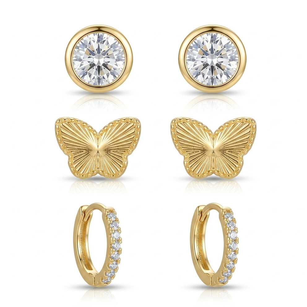 Trio de brinco ponto de luz borboleta e argola cravejada folheado a ouro