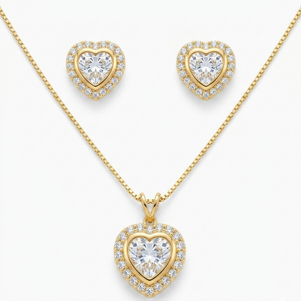 Conjunto colar e brinco coração cristal cravejado dourado semijoia