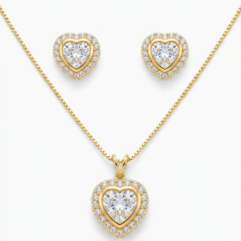 Conjunto colar e brinco coração cristal cravejado dourado semijoia