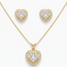 Conjunto colar e brinco coração cristal cravejado dourado semijoia