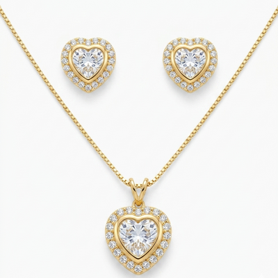 Conjunto colar e brinco coração cristal cravejado dourado semijoia