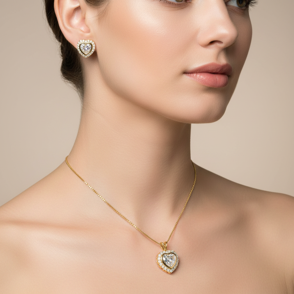 Conjunto colar e brinco coração cristal cravejado dourado semijoia