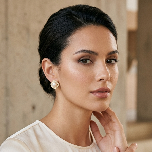 Brinco circular cravejado com zircônia e pérolas folheado a ouro