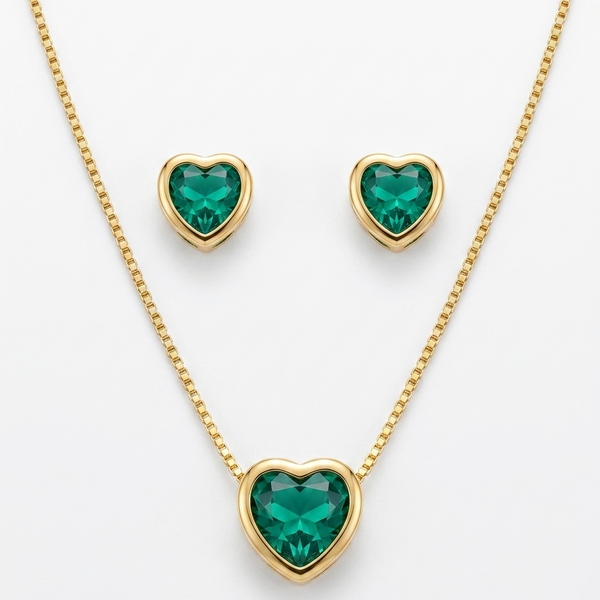 Conjunto colar e brinco arco coração azul esverdeado dourado semijoia