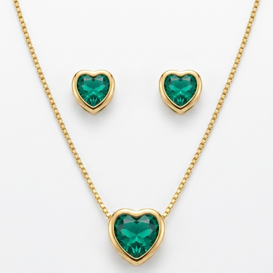 Conjunto colar e brinco arco coração azul esverdeado dourado semijoia