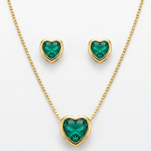 Conjunto colar e brinco arco coração azul esverdeado dourado semijoia