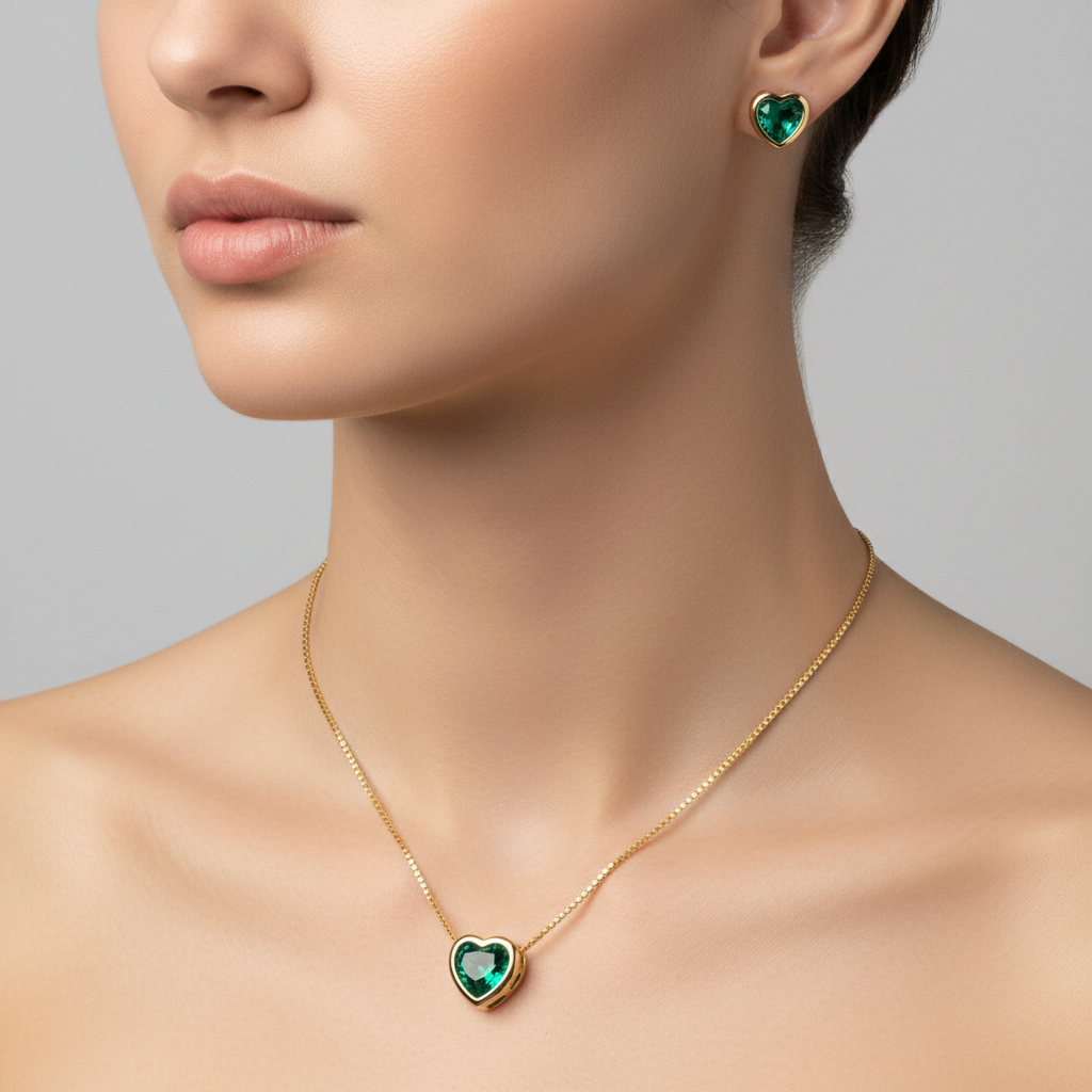 Conjunto colar e brinco arco coração azul esverdeado dourado semijoia