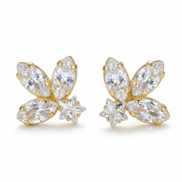 Brinco flor e estrela cristal dourado semijoia