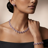 Conjunto colar pulseira e brinco cravejado rosa folheado a prata
