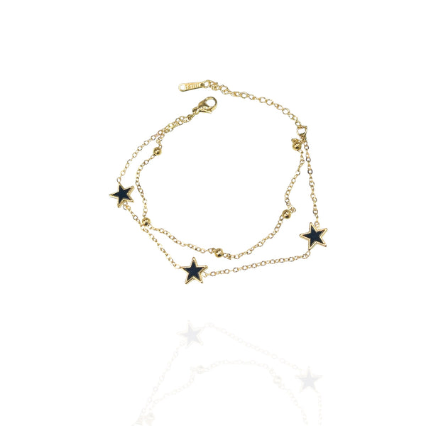 Pulseira dupla de estrela preta e bolinhas dourado - Aço inoxidável