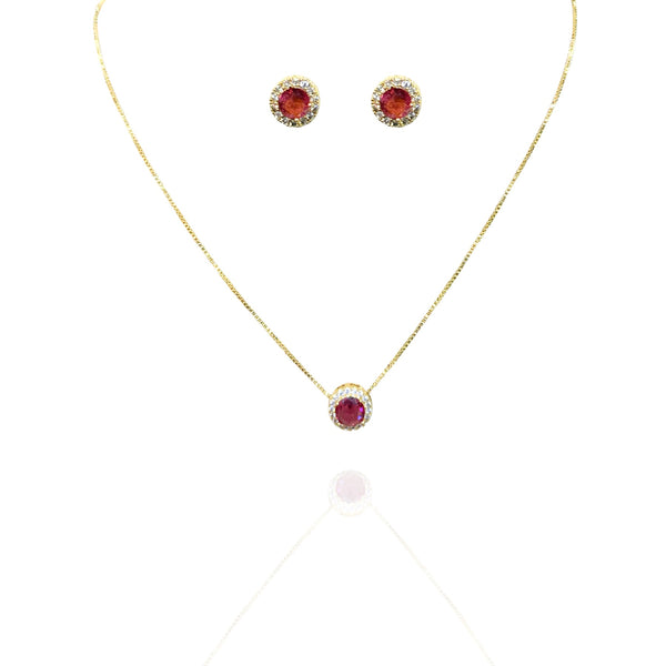 Conjunto pingente ponto de luz cravejado rosa - Semijoia