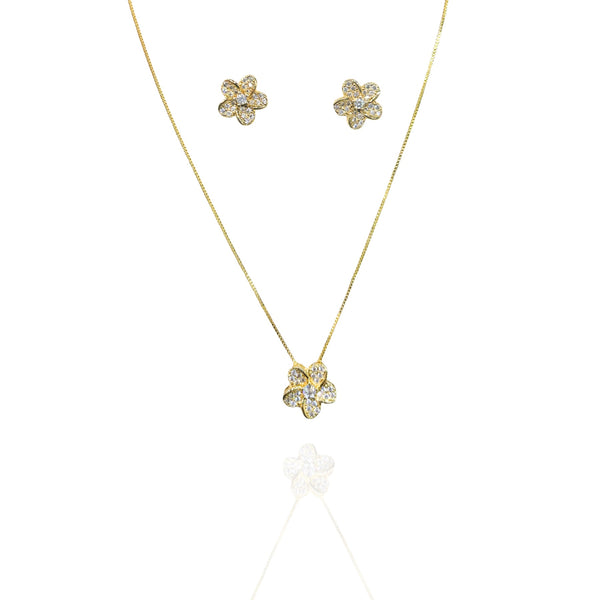 Conjunto Pingente flor cristal cravejada dourado - Semijoia