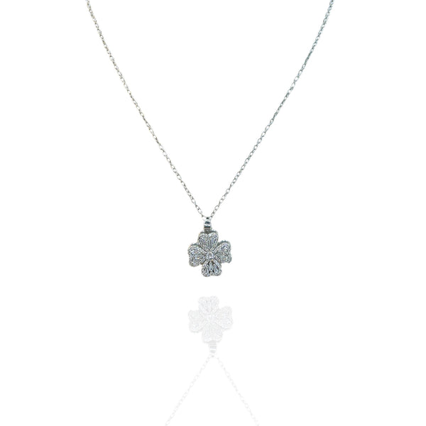 Colar Pingente Flor Anti estresse Cristal Prata Aço Inox Cravejado