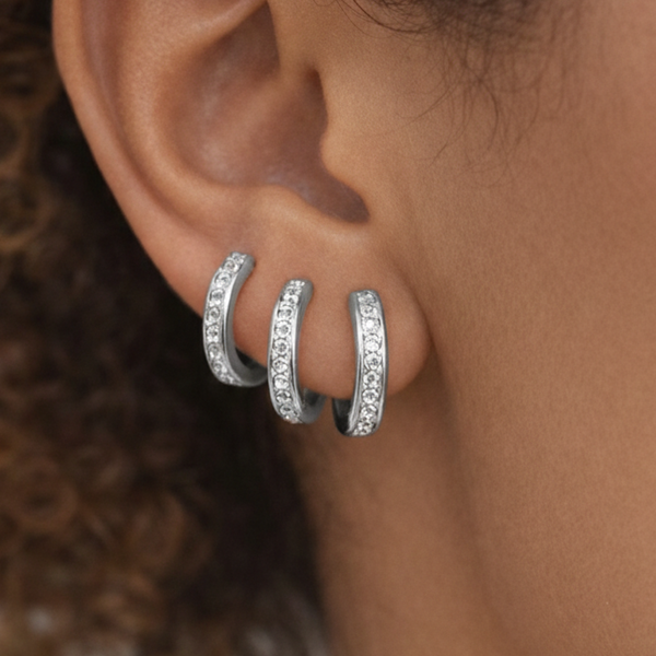 Trio de Argolas quadricular cravejada prata - aço inoxidável