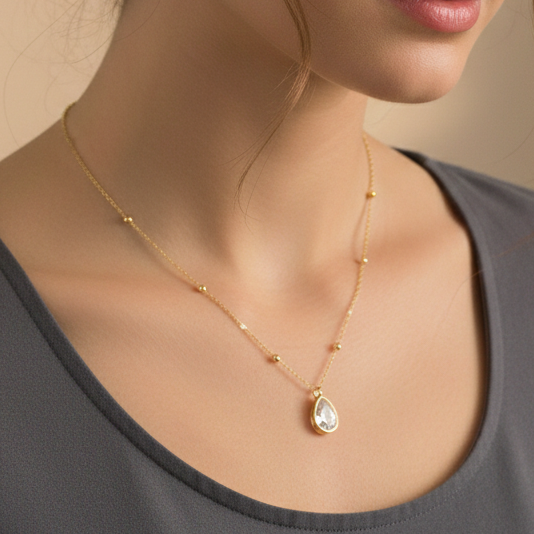 Colar bolinha com pingente gota cristal dourado - Aço Inoxidável