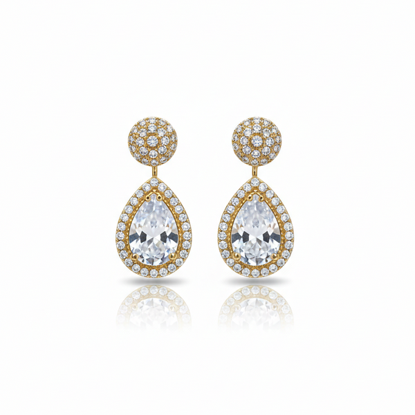 Brinco Ponto Gota Cristal Cravejado Folheado Ouro 18k